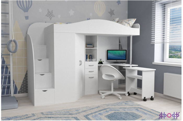 Кровать-чердак Юниор 4 (Белое дерево/Оранжевый)