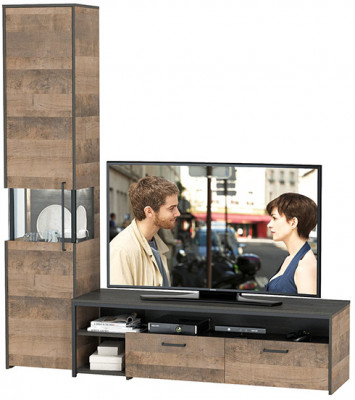 Трувор 13.70 Тумба под ТВ + 13.205 Шкаф-пенал с витриной, цвет дуб гранж песочный/интра, ШхГхВ 194,6х45,4х210 см., универсальная сборка