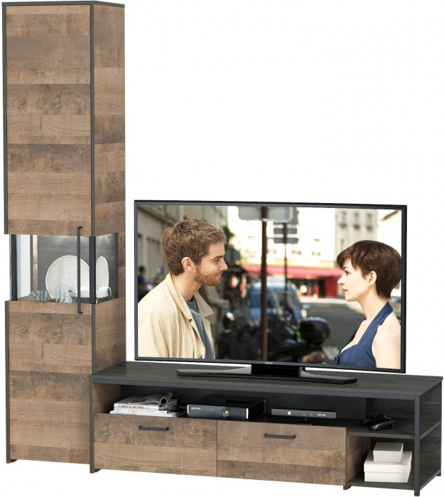 Трувор 13.70 Тумба под ТВ + 13.205 Шкаф-пенал с витриной, цвет дуб гранж песочный/интра, ШхГхВ 194,6х45,4х210 см., универсальная сборка