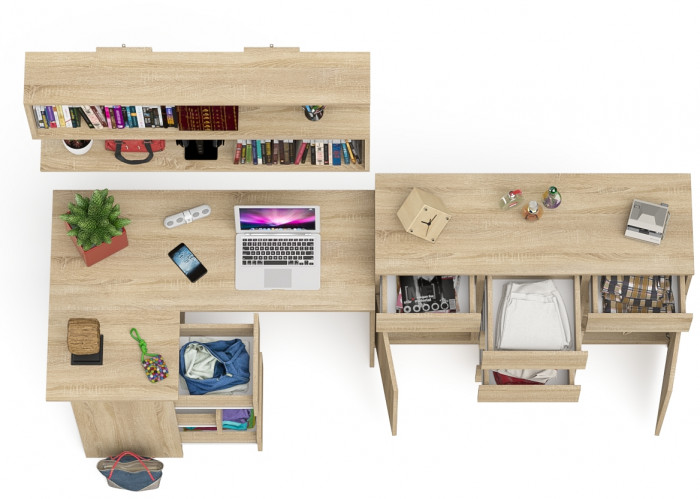 Мори компьютерный стол МС-16 левый + Комод МК1200.4 + Полка 1200, дуб сонома