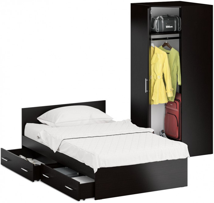 Кровать с ящиками 1200 + Шкаф угловой Стандарт, цвет венге, ШхГхВ 123,5х203,5х70 + 81,2х81,2х200 см., сп.м. 1200х2000 мм., без матраса, основание есть
