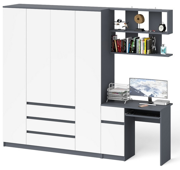 Мори Стол компьютерный МС-1 левый + Шкаф МШ1600.1 + Полка 900, цвет графит/белый, ШхГхВ 250,4х50,4х209,6 см., НЕ универсальная сборка