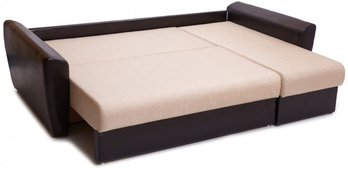 Диван-кровать угловой Амстердам, 150х200, еврокнижка, рогожка/экокожа, бежево-коричневый