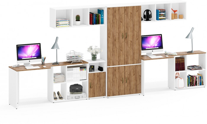 Лидер-8 Стол + Полка + Стол + Полка + Шкаф МД 20Б + Тумба МД 3.19, белый шагрень/крафт золото