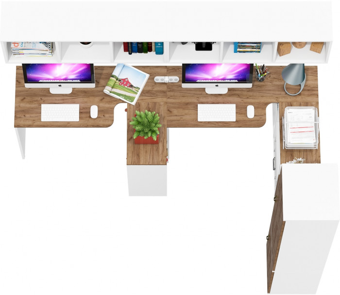 Лидер-8 Стол + Полка + Стол + Полка + Пенал МД 22Б + Тумба МД 3.19, цвет белый шагрень/крафт золото, 410х50х75/190 или 230х160/50х75/190, НЕ ун. сб.