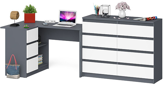Мори Стол компьютерный МС-16 левый + Комод МК1200.8, цвет графит/белый, ШхГхВ 244,8х84,9х94 см., выдвижные ящики слева, НЕ универсальная сборка