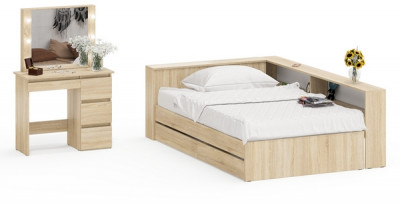 Ксения Кровать с ящиками 1200 + прикроватный блок + Столик с подсветкой Сура, дуб сонома