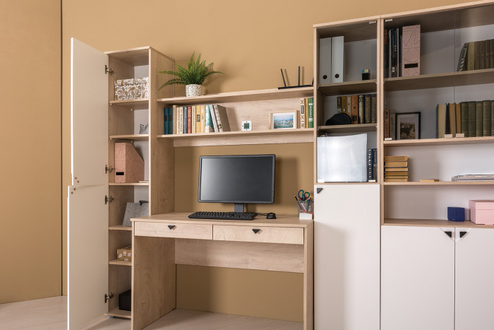 КР100 Бостон 13.154 Шкаф, цвет дуб эндгрейн элегантный/фасады МДФ милк рикамо софт, ШхГхВ 38,6х35,1х194,4 см., универсальная сборка