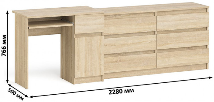 Мори Стол компьютерный МС-1 правый + Комод МК1380.6, цвет дуб сонома, ШхГхВ 228х50х76,6 см., выдвижной ящик справа, НЕ универсальная сборка