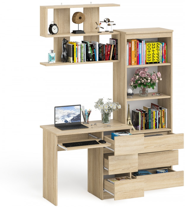 Мори Стол компьютерный МС-6 правый + Стеллаж МСТ600.3 + Полка 900, цвет дуб сонома, ШхГхВ 150,4х50х209,6 см., НЕ универсальная сборка