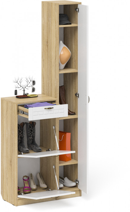 Прихожая П-6 Компоновка № 22, дуб сонома/фасады МДФ белое дерево фрезеровка прованс