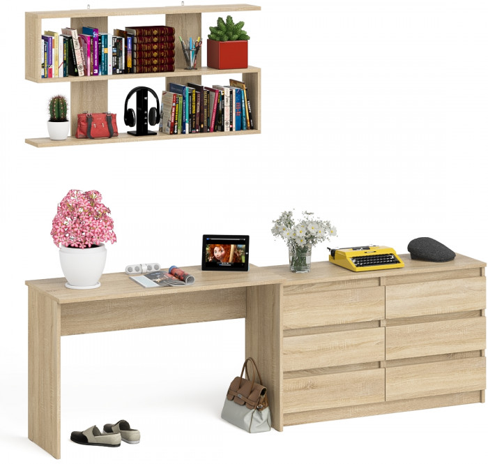 Мори Стол письменный МСП1200.1 + Комод МК1200.6 + Полка 1200, цвет дуб сонома, ШхГхВ 240,8х50х209,6 см., универсальная сборка