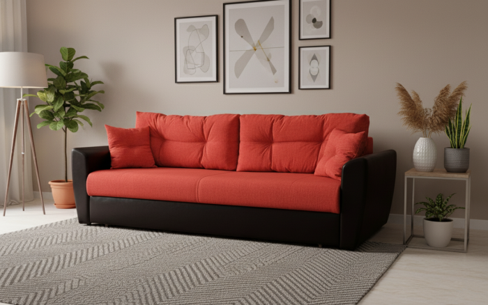 Диван-еврокнижка Амстердам, 160х195, пружинный блок, рогожка/экокожа, красный