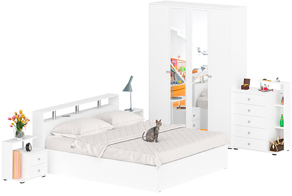 Камелия спальня № 4 Кровать 1800 + Две тумбы + Комод + Шкаф 4-х створчатый, белый