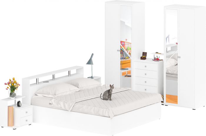 Камелия спальня № 4 Кровать 1800 + Две тумбы + Комод + Шкаф 4-х створчатый, белый