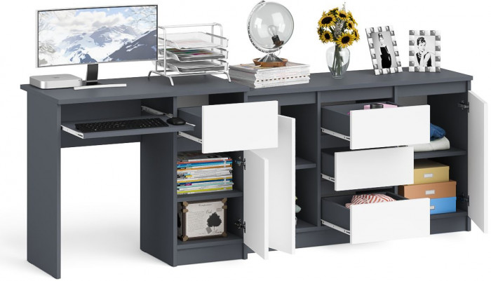 Мори компьютерный стол МС-1 правый + Комод МК1200.3, графит/белый