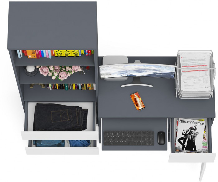 Мори компьютерный стол МС-1 правый + Стеллаж МСТ600.3, графит/белый