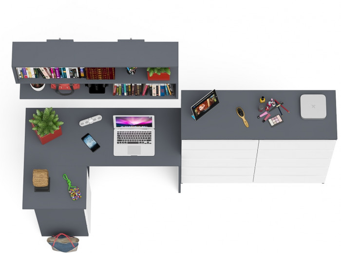 Мори компьютерный стол МС-16 левый + Комод МК1200.10 + Полка 1200, графит/белый