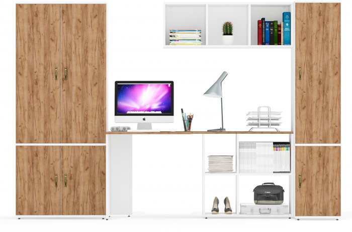 Лидер-8 Шкаф МД 20Б + Стол + Полка + Пенал 23Б, цвет белый шагрень/крафт золото, ШхГхВ 285х50/37,5х75/190 или 195х120х75/190 см., НЕ ун.сб.