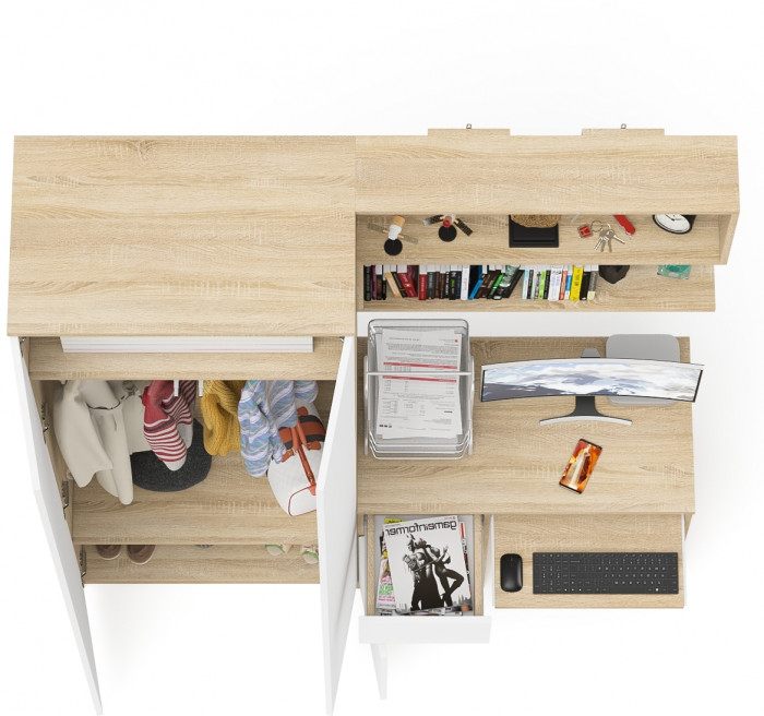 Мори Стол компьютерный МС-1 левый + Шкаф МШ800.1 + Полка 900, цвет дуб сонома/белый, ШхГхВ 170,4х50,4х209,6 см., НЕ универсальная сборка