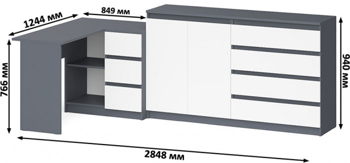 Мори Стол компьютерный МС-16 правый + Комод МК1600.1, цвет графит/белый, ШхГхВ 284,8х84,9х94 см., выдвижные ящики справа, НЕ универсальная сборка