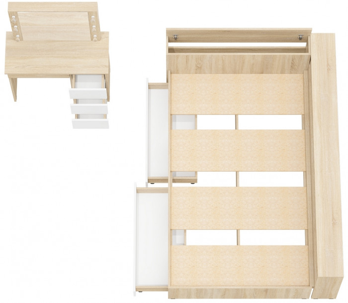 Ксения Кровать с ящиками 1200 + прикроватный блок + Столик с подсветкой Сура, дуб сонома/белый