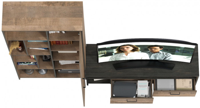 Трувор 13.70 Тумба под ТВ + 13.206 Шкаф-стеллаж, цвет дуб гранж песочный/интра, ШхГхВ 242,8х45,4х194,2 см., универсальная сборка