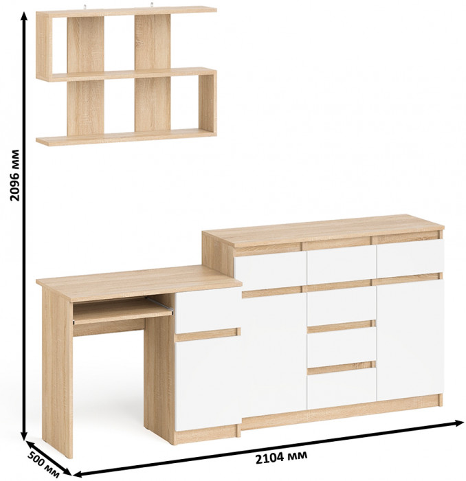Мори компьютерный стол МС-1 правый + Комод МК1200.4 + Полка 900, дуб сонома/белый