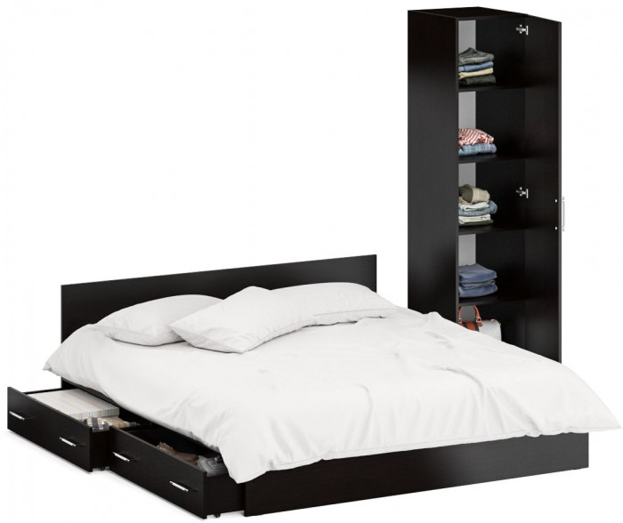 Кровать с ящиками 1800 + Пенал Стандарт, цвет венге, ШхГхВ 183,5х203,5х70 + 45х52х200 см., сп.м. 1800х2000 мм., без матраса, основание есть