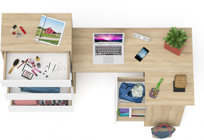 Мори Стол компьютерный МС-16 правый + Комод МК700.5, цвет дуб сонома/белый, ШхГхВ 194,8х84,9х114 см., выдвижные ящики справа, НЕ универс. сборка