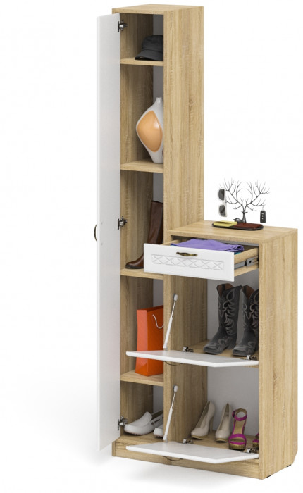 Прихожая П-6 Компоновка № 22, дуб сонома/фасады МДФ белое дерево фрезеровка ромб