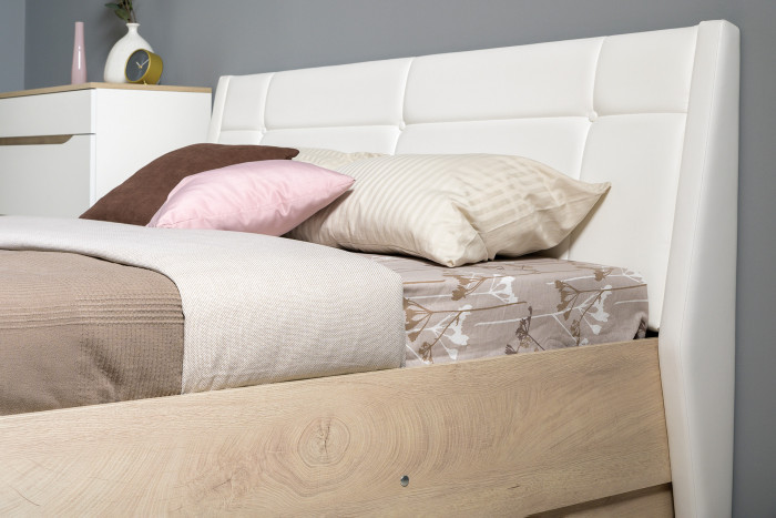 Муссон Кровать 11.28 + под. ортопед + 13.97 + Зеркало СВК + Тумба ТВ 13.276, цвет белый/чёрный/дуб эндгрейн элегантный/кожзам белый, 1600х2000 мм, б/м