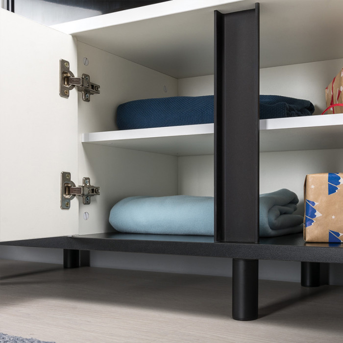 Муссон Кровать 11.28 + под. ортопед + 13.97 + Зеркало СВК + Тумба ТВ 13.276, цвет белый/чёрный/дуб эндгрейн элегантный/кожзам белый, 1600х2000 мм, б/м