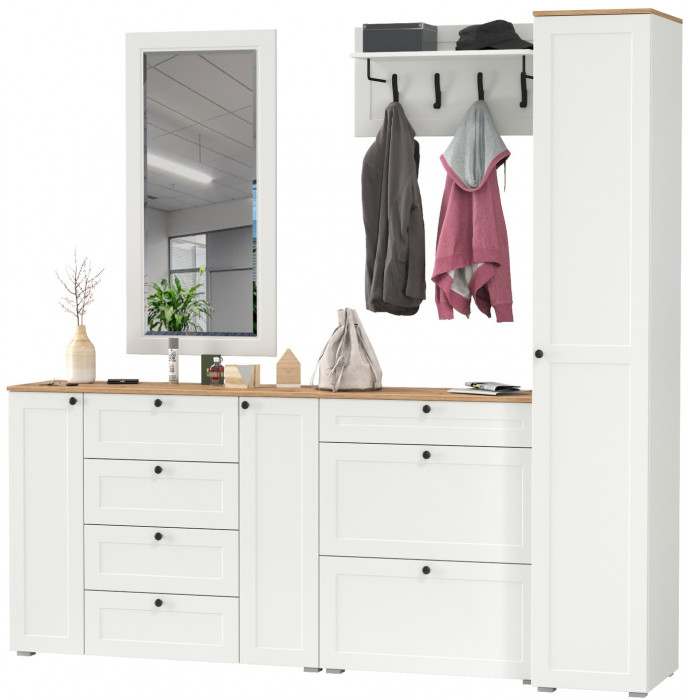 Остин Прихожая 57, цвет белый шагрень/дуб крафт золотой, ШхГхВ 240х54,3х229,6 см., универсальная сборка