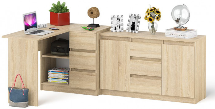 Мори компьютерный стол МС-16 правый + Комод МК1200.3, дуб сонома