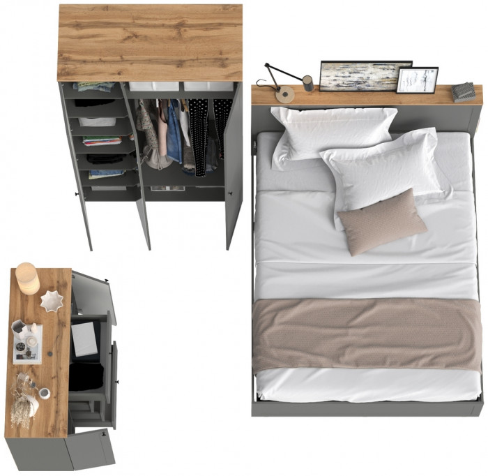 Остин 11.53 Кровать + ортопед + 13.336.03 Шкаф для одежды + 16.221 Комод, серый графит/дуб крафт золотой