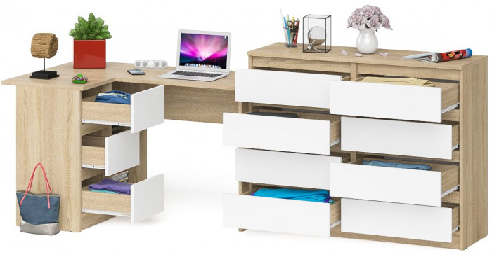 Мори Стол компьютерный МС-16 левый + Комод МК1200.8, цвет дуб сонома/белый, ШхГхВ 244,8х84,9х94 см., выдвижные ящики слев, НЕ универсальная сборкаа