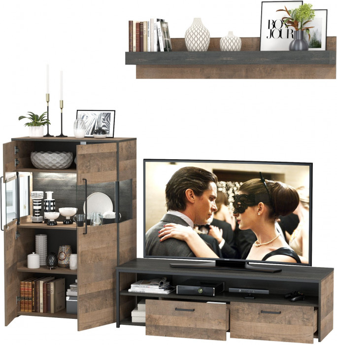 Трувор 13.70 Тумба под ТВ + 13.306 Комод с витриной + 15.60 Полка, цвет дуб гранж песочный/интра, ШхГхВ 235,6х45,4х195 см., универсальная сборка