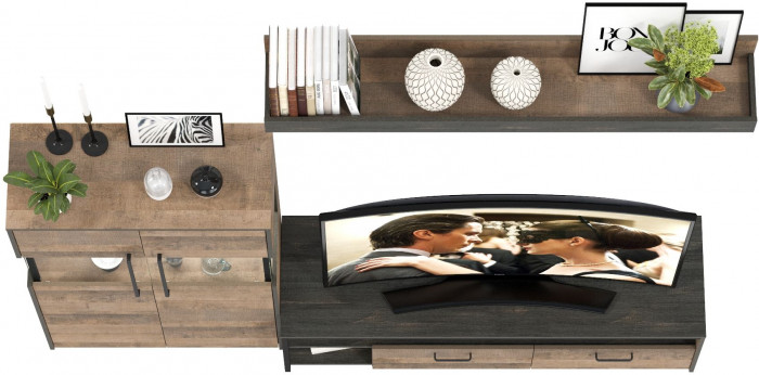 Трувор 13.70 Тумба под ТВ + 13.306 Комод с витриной + 15.60 Полка, цвет дуб гранж песочный/интра, ШхГхВ 235,6х45,4х195 см., универсальная сборка