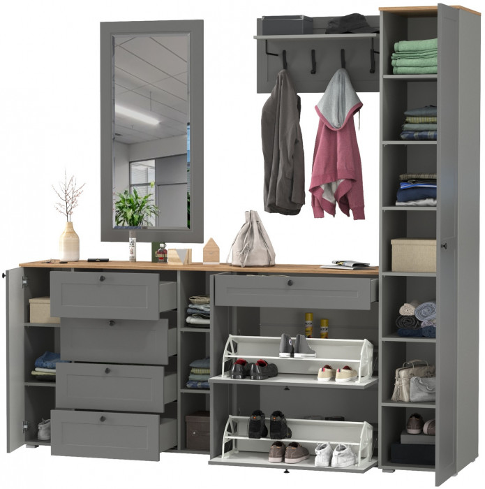 Остин Прихожая 57, цвет серый графит/дуб крафт золотой, ШхГхВ 240х54,3х229,6 см., универсальная сборка