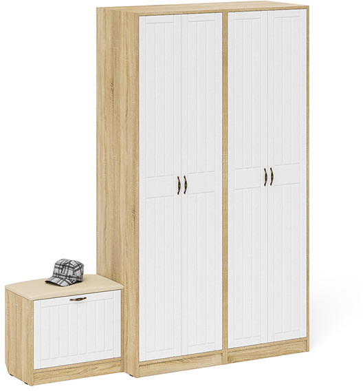 Прихожая П-6 Компоновка № 07, цвет дуб сонома/фасады МДФ белое дерево фрезеровка прованс, ШхГхВ 180х50х210 см., универсальная сборка