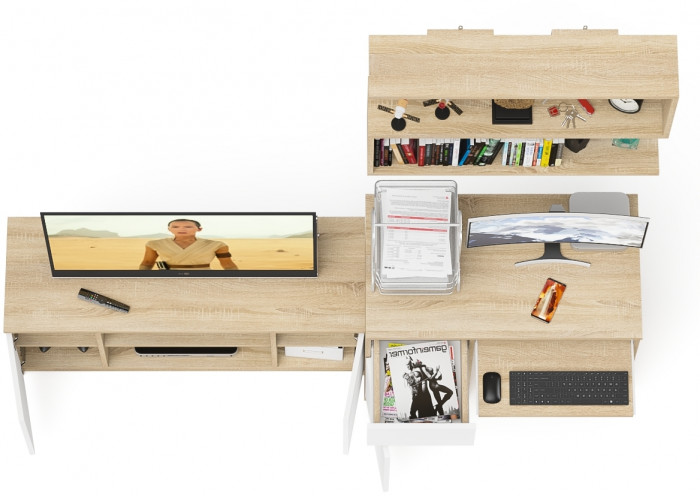 Мори компьютерный стол МС-1 левый + Тумба МТВ1200.1 + Полка 900, дуб сонома/белый