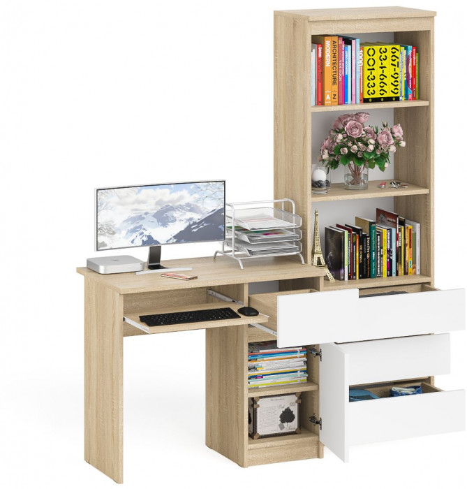 Мори компьютерный стол МС-1 правый + Стеллаж МСТ600.3, дуб сонома/белый