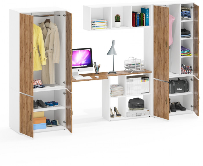 Лидер-8 Шкаф МД 20Б + Стол + Полка + Шкаф МД 19Б, цвет белый шагрень/крафт золото, ШхГхВ 325х50/37,5х75/190 или 115х240/50х75/190 см., НЕ ун.сб.