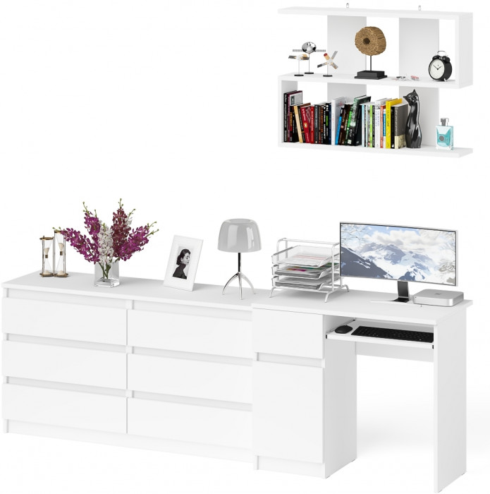 Мори Стол компьютерный МС-1 левый + Комод МК1380.6 + Полка 900, цвет белый, ШхГхВ 228х50х209,6 см., НЕ универсальная сборка
