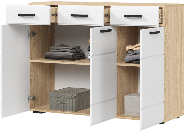 ЛИБЕРТИ КМ 01 Комод 1200 (1200х890х400) Фасад МДФ БЕЛЫЙ ГЛЯНЕЦ/Корпус ДУБ СОНОМА