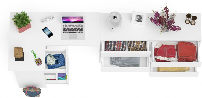 Мори Стол компьютерный МС-16 левый + Комод МК1380.6, цвет белый, ШхГхВ 262,4х84,9х76,6 см., выдвижные ящики слева, НЕ универсальная сборка