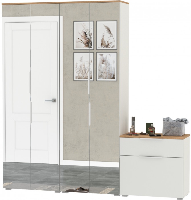 Октава Прихожая 24, цвет белый шагрень/дуб крафт золотой/фасады МДФ белый шагрень, ШхГхВ 193,7х35,4х197,6 см., универсальная сборка