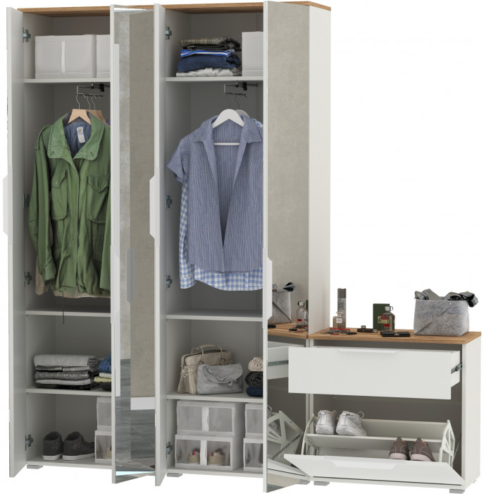 Октава Прихожая 24, цвет белый шагрень/дуб крафт золотой/фасады МДФ белый шагрень, ШхГхВ 193,7х35,4х197,6 см., универсальная сборка