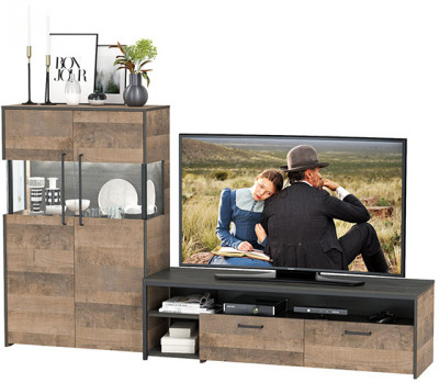 Трувор 13.70 Тумба под ТВ + 13.306 Комод с витриной, цвет дуб гранж песочный/интра, ШхГхВ 235,6х45,4х135,3 см., универсальная сборка